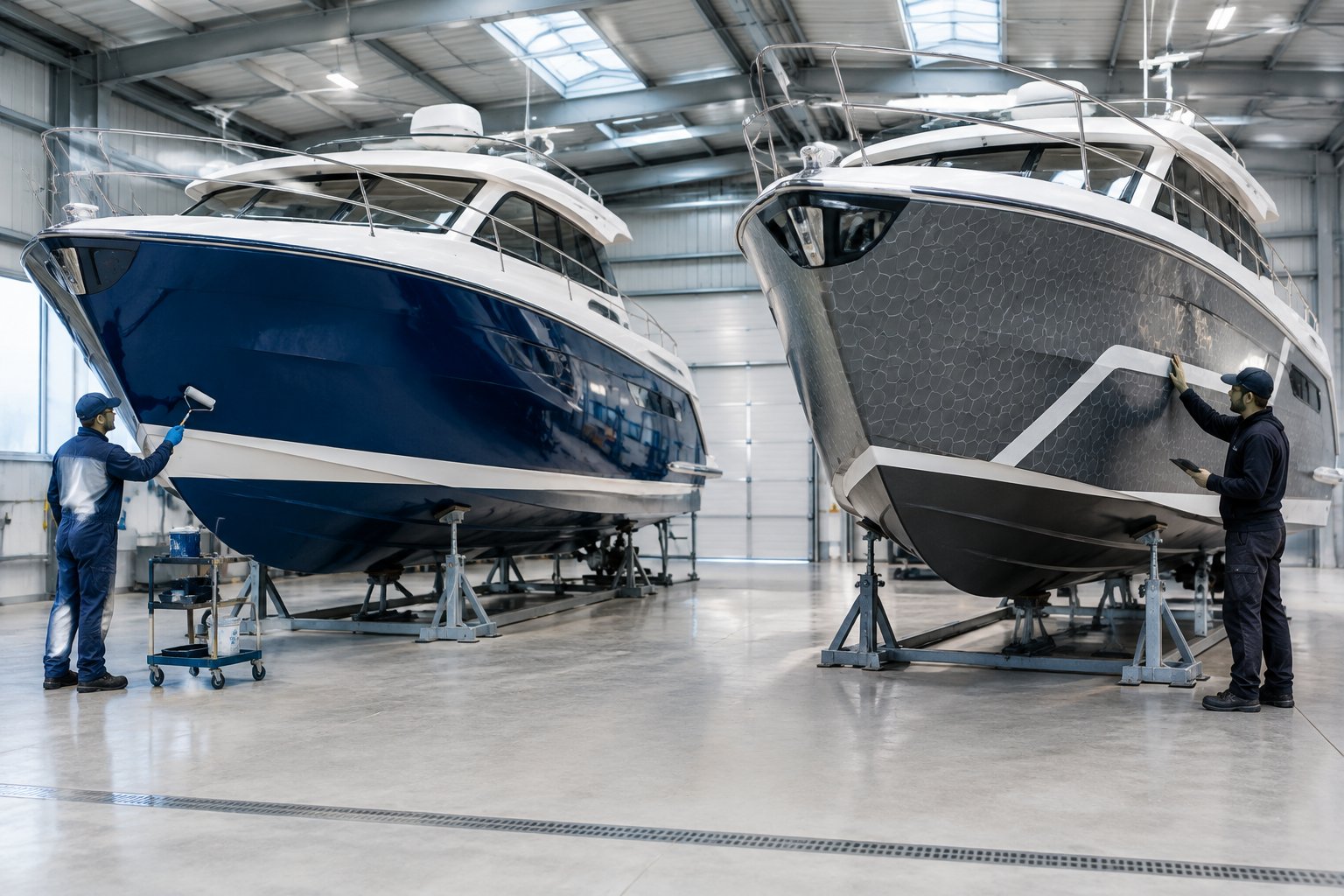 Two commercial boats are being finished in a marine workshop, one with a vinyl wrap and the other with paint.